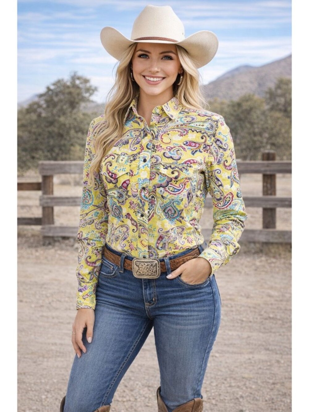 Cowboy Equipment Western Women M  LS Lime Green Paisley Pearl Snap Cowgirl Shirt
